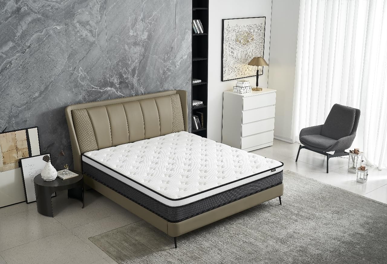 Container Furniture Direct Colchón híbrido tamaño Queen de 10 pulgadas en una caja, cojín de cama con diseño transpirable e hipoalergénico, firmeza