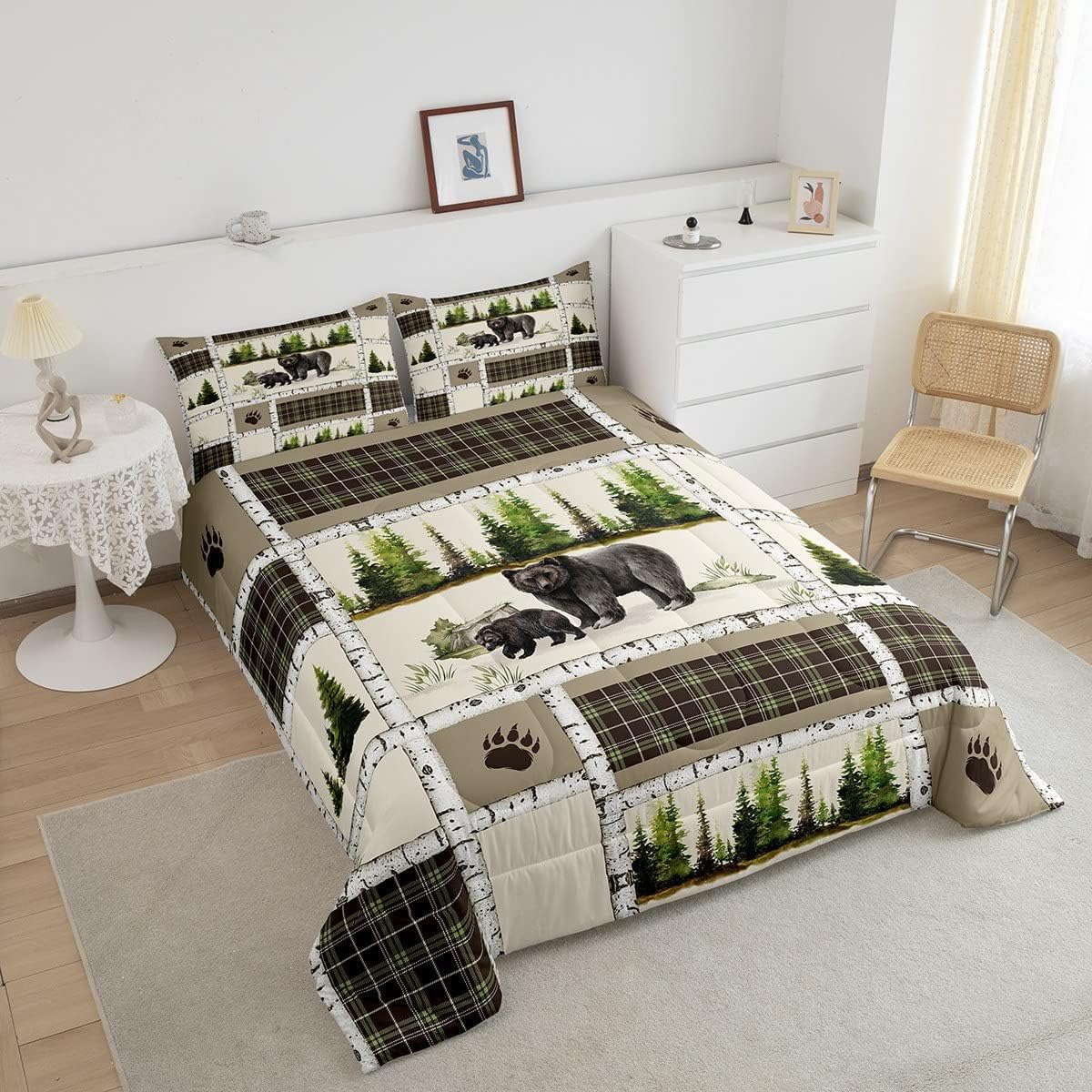 Juego de ropa de cama individual de oso negro, edredón retro de animales de bosque de caza para cabaña de campo, juego de edredón de retazos verde y
