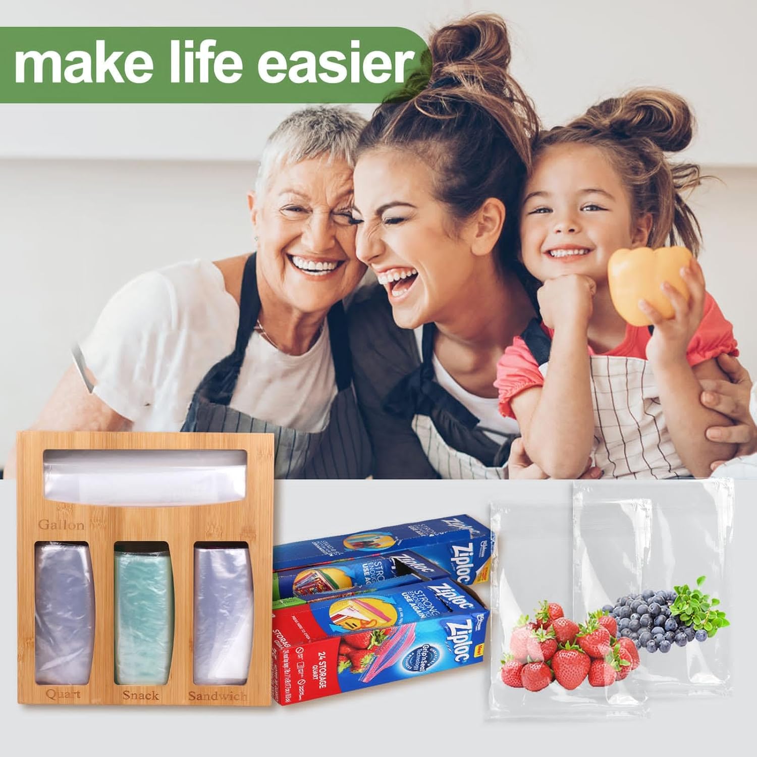 Organizador de bolsas Ziplock de bambú sólido de alta calidad, dispensador de bolsas de almacenamiento de alimentos para cajón de cocina,