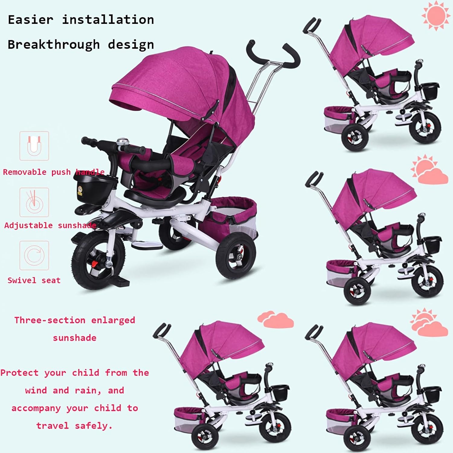 Triciclo para niños, triciclo para niños de 1 a 6 años, triciclo 4 en 1, triciclo plegable para niños con asa de empuje, toldo extraíble, asiento