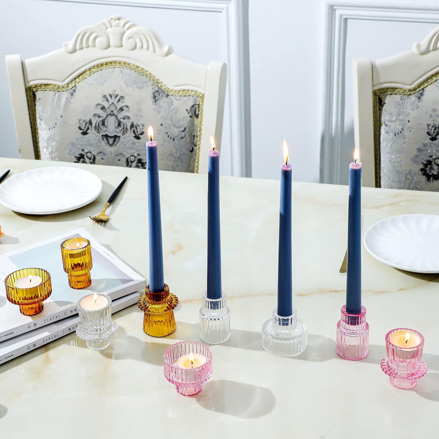 Lysenn Portavelas de vidrio ámbar para velas de pilar, velas cónicas, velas de candelita  Portavelas multiusos premium  Se adapta a velas de 78