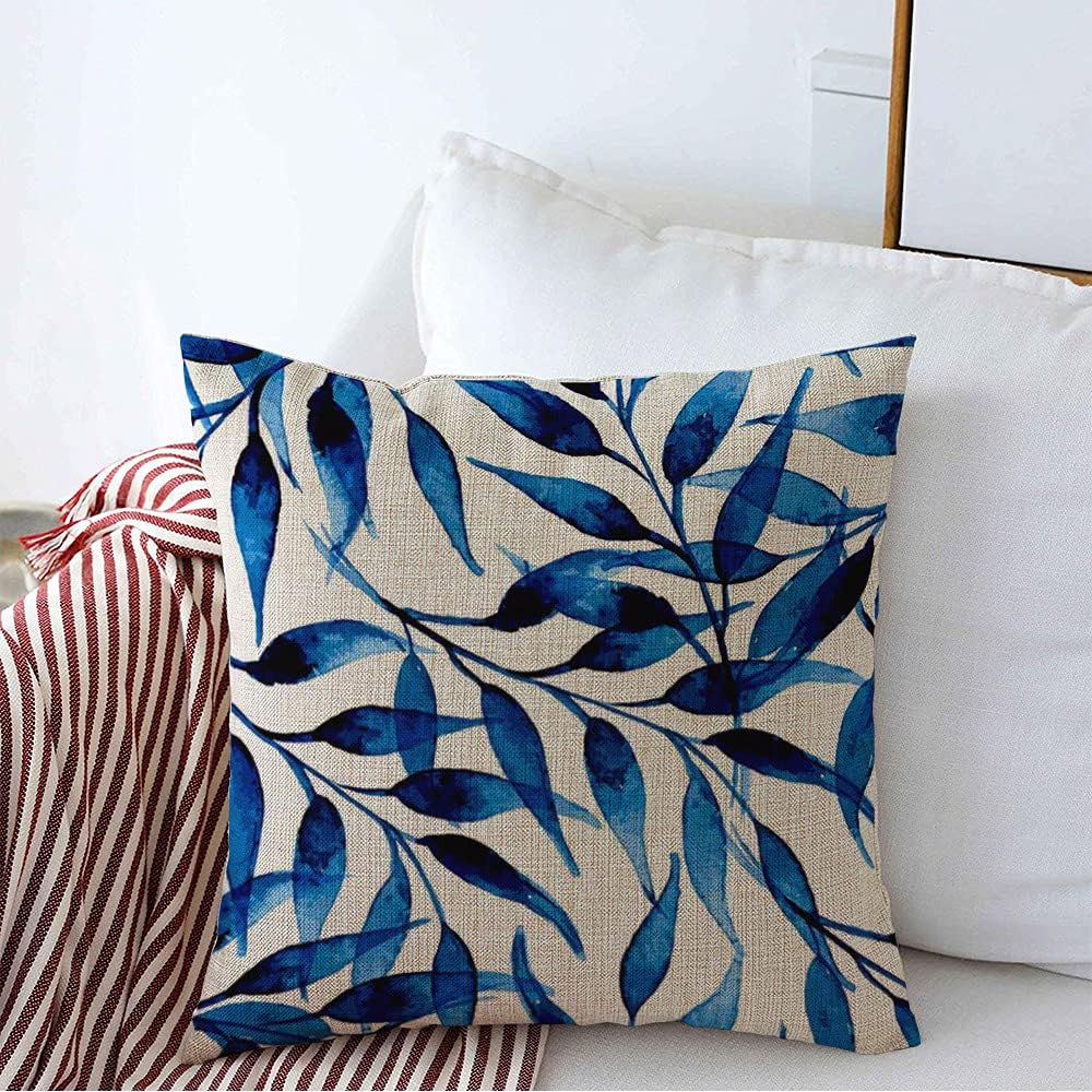 Decorative Square Throw Pillow Cover Linen Blue Hand Painted Watercolor Retro Ink Plant Leaves Spring Element Textile Artwork Nature Textures Pillow