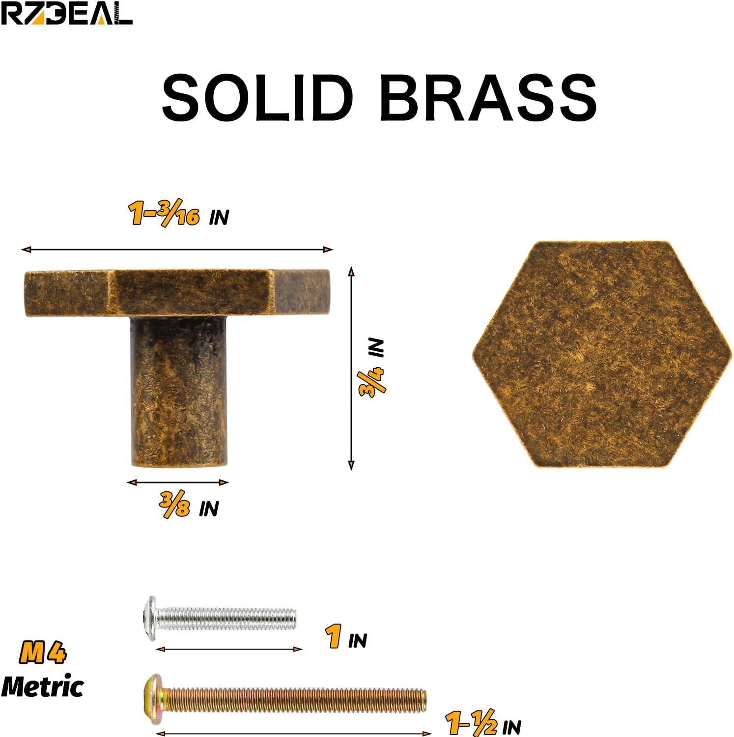 RZDEAL Paquete de 4 pomos de latón antiguo de 1-110 pulgadas, pomos de latón macizo para gabinetes y tiradores hexagonales de bronce para cajón de
