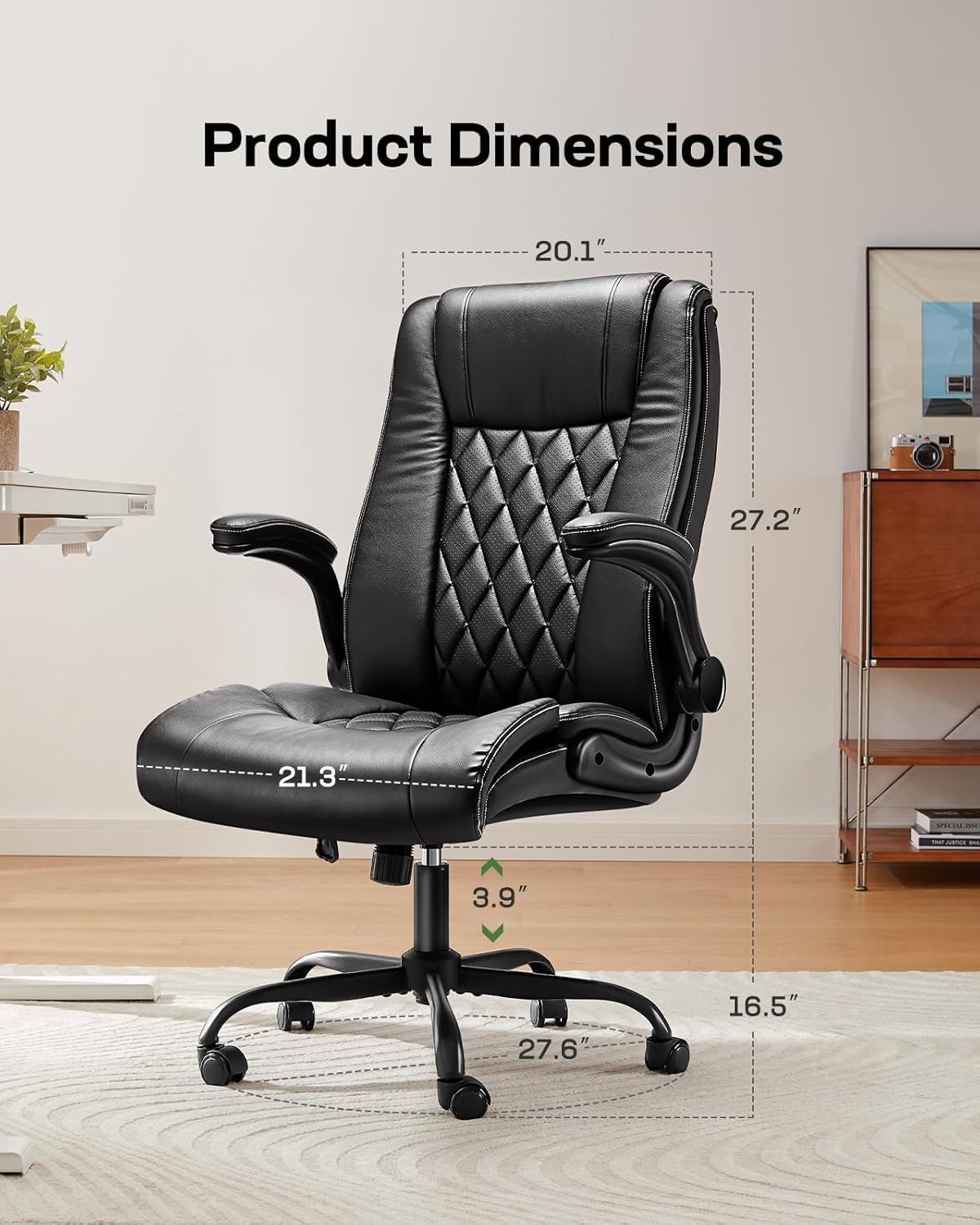 Marsail Silla de oficina ejecutiva con reposabrazos abatibles, silla de escritorio ergonómica de piel sintética, silla de escritorio giratoria de