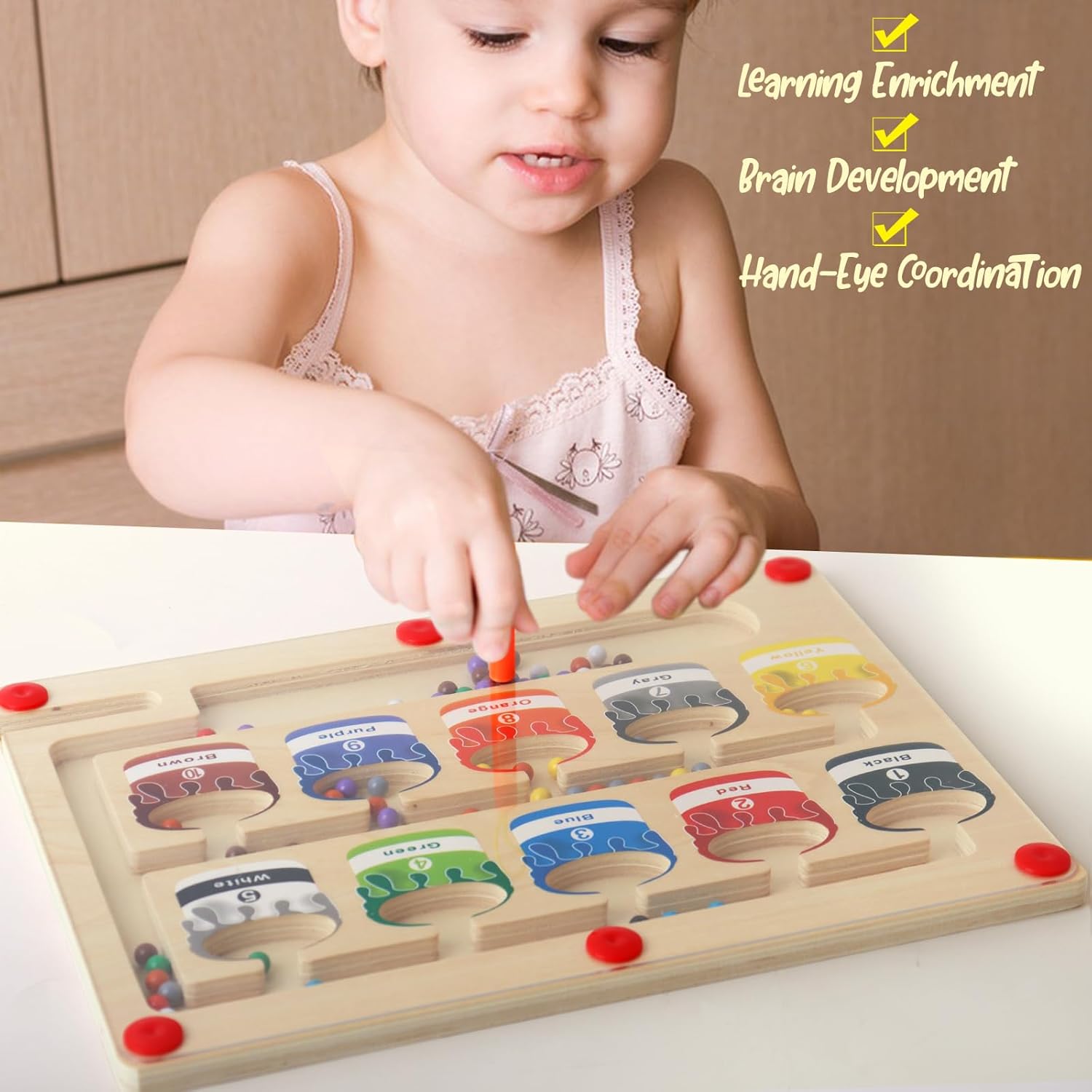 Laberinto magnético de color y números, juego de mesa de rompecabezas de madera para niños pequeños, juguetes Montessori de clasificación de colores