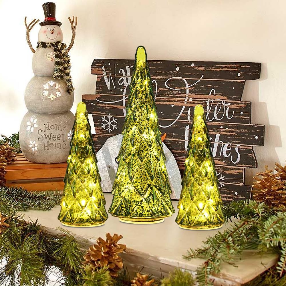 Decoraciones de Navidad para interiores, juego de 3 árboles de Navidad de cristal verde preiluminados para decoración del hogar, decoración de mesa