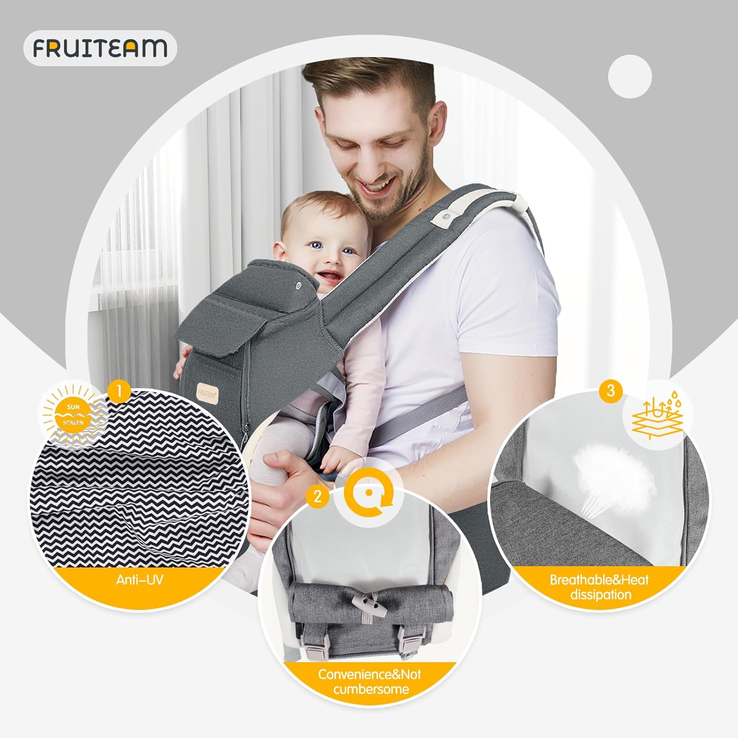 FRUITEAM – Portabebés certificado de seguridad con asiento a la cadera – Portabebés para todas las posiciones – Portabebés delantero y trasero para