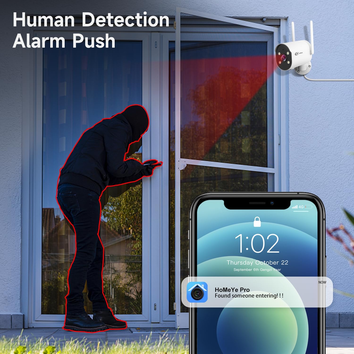 XVIM Cámara de seguridad 2K para exteriores, cámaras de seguridad WiFi IP65, resistente al agua, rotación panorámica de 225, visión nocturna a todo