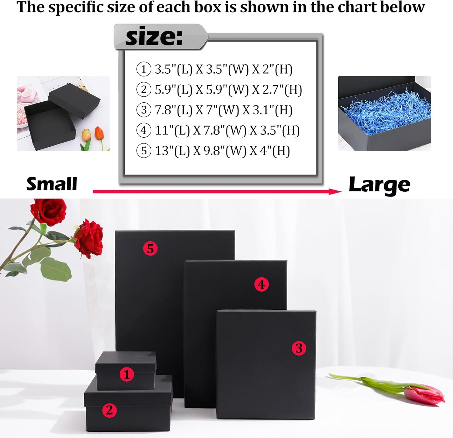 Cajas de regalo negras, un juego de 5 cajas de regalo con tapas para regalos, cajas preenvueltas para regalos, caja de regalo resistente para