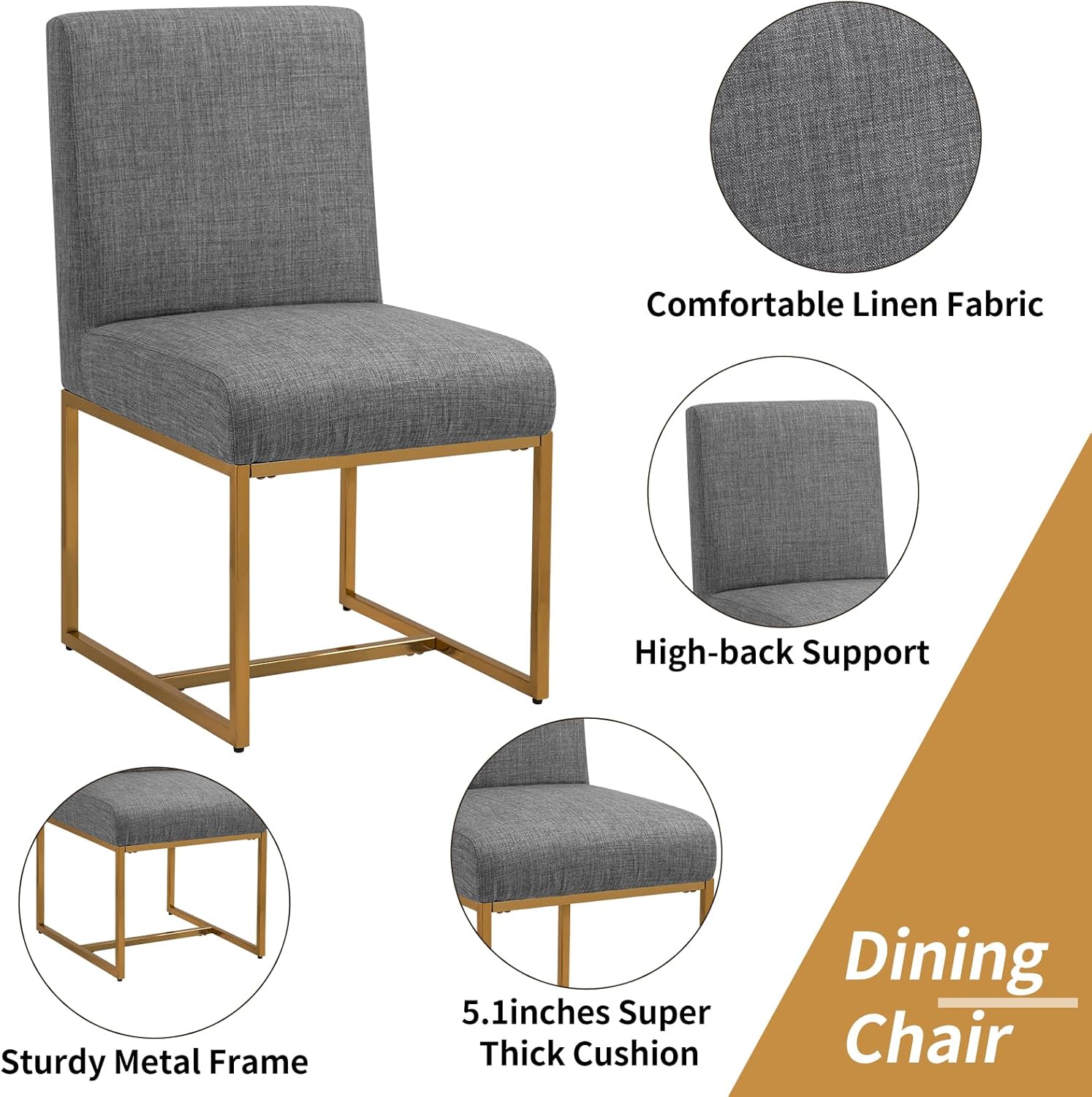 Newnno Juego de 2 sillas de comedor modernas de mediados de siglo, sillas tapizadas de lino con respaldo alto para cocina y comedor con marco de