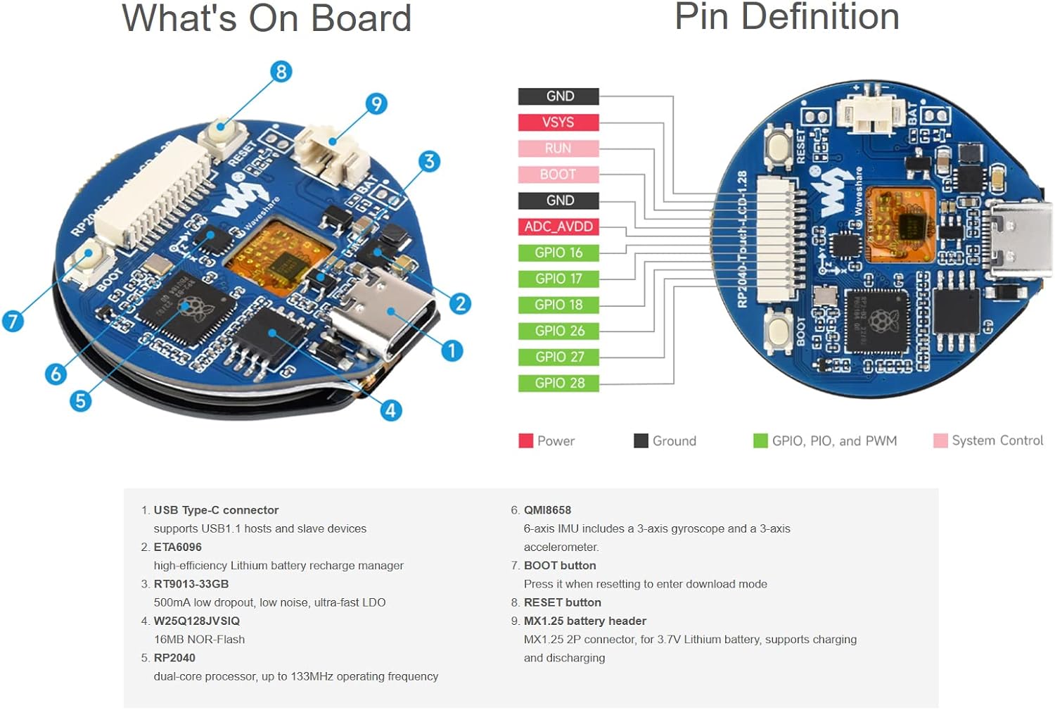 waveshare LCD táctil redondo de 1.28 pulgadas basado en chip microcontrolador Raspberry Pi RP2040, 240 x 240 píxeles 65K colores RGB pantalla IPS a