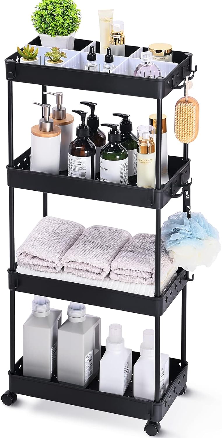 KINGRACK Carrito utilitario rodante de 4 niveles, carrito de arte de almacenamiento para manualidades con divisores ajustables, carrito de servicio