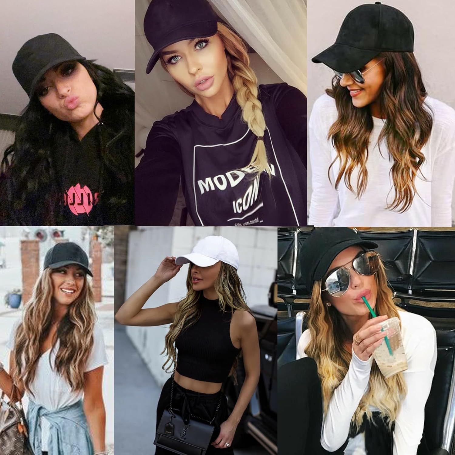 Peluca de gorra de béisbol, extensiones de cabello largo natural ondulado con sombrero, resistente al calor, fibra sintética, peluca ajustable para