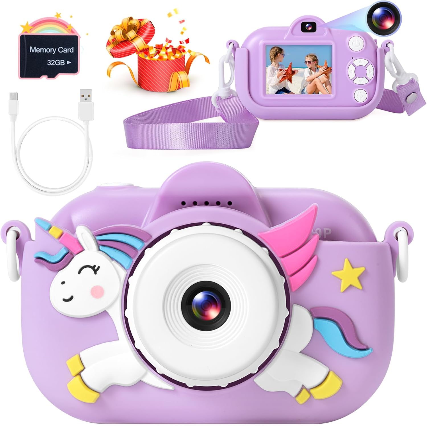 Cámara digital de doble lente de 32 MP para niños y niñas de 3, 4, 5, 6, 7, 8, 9 años, regalos de Navidad, cumpleaños, cámara de video selfie 1080P