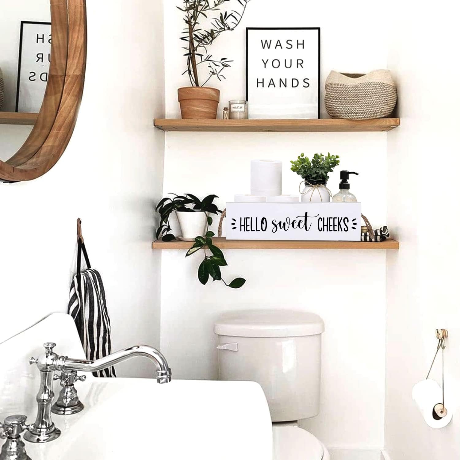 Hello Sweet Checks – Caja de madera de 2 lados para decoración de baño, cesta de papel higiénico con asa de cuerda, organizador de almacenamiento de