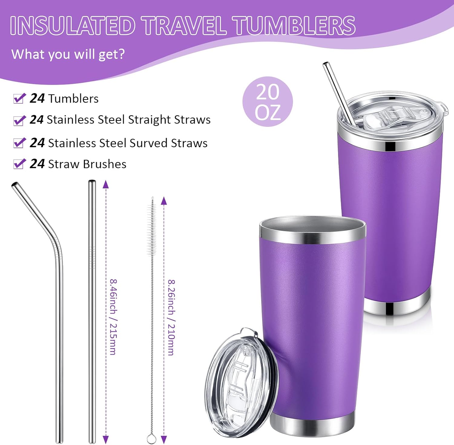 Paquete de 24 vasos de viaje aislados de 20 onzas, vaso de viaje al vacío de doble pared con tapa y pajita, tazas de café de doble pared de acero