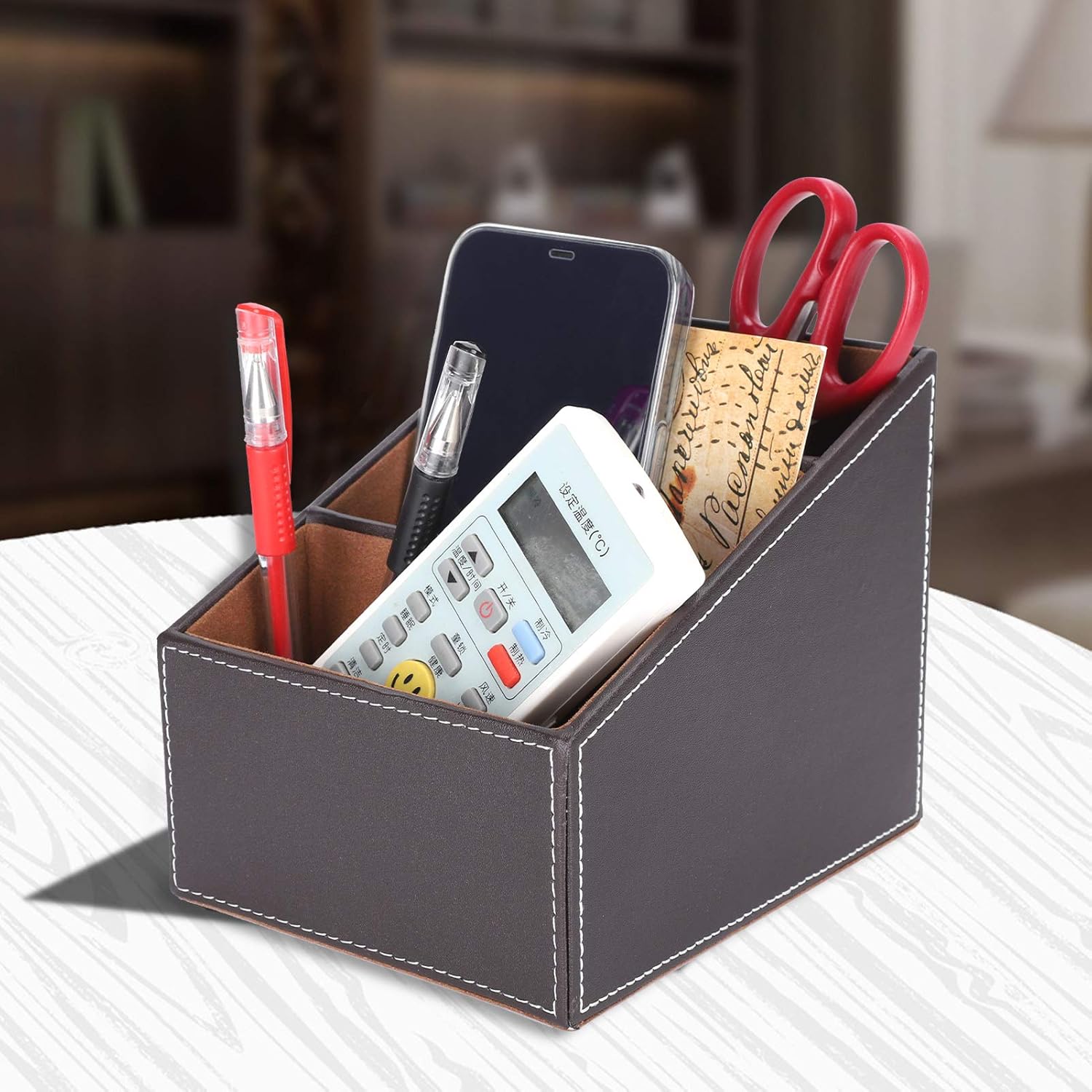 Caja de almacenamiento de cuero sintético para escritorio, papelería creativa, lindo papelería de oficina, organizador de negocios, suministros de 3