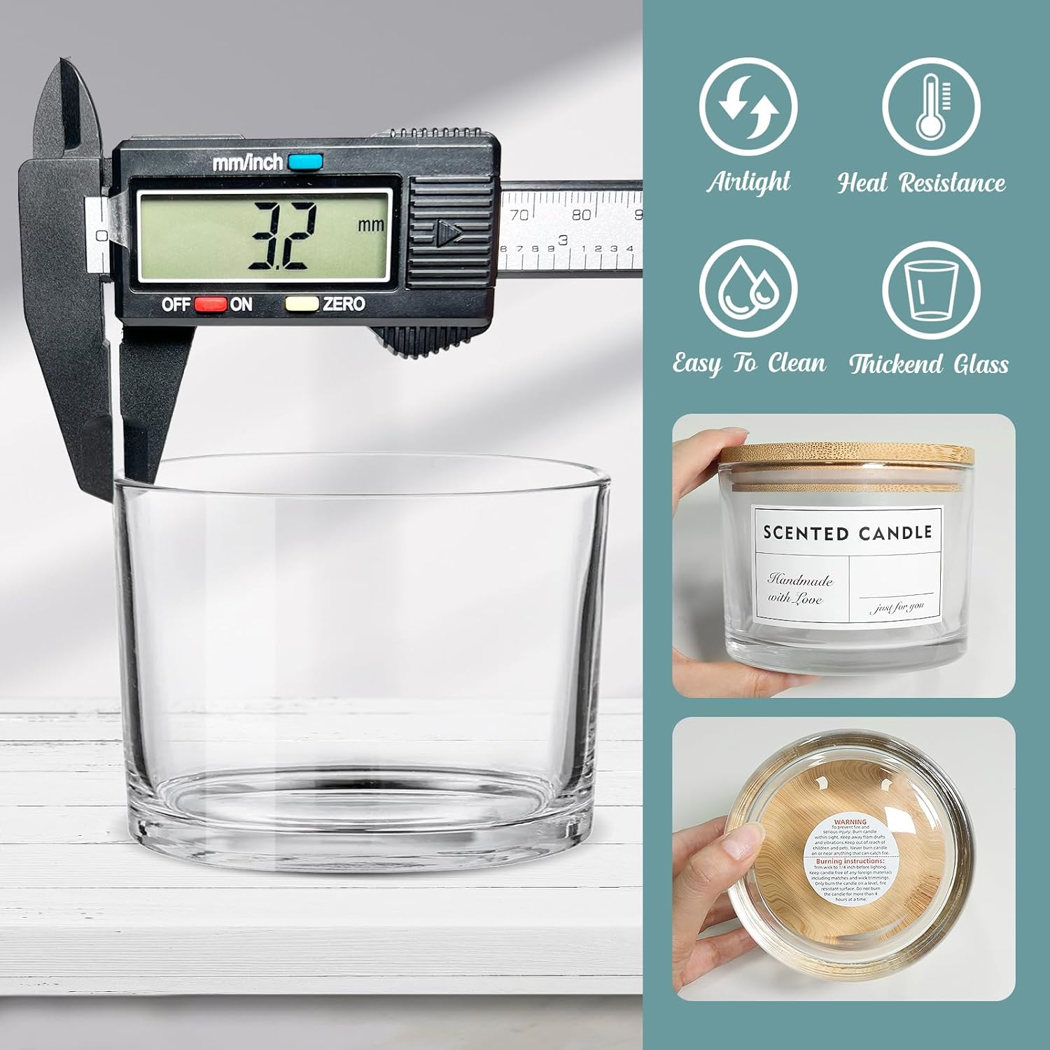 SUPMIND Tarros de vela de 16 onzas, paquete de 6 frascos grandes de vidrio transparente vacíos con tapas de bambú, con calcomanías y etiquetas,