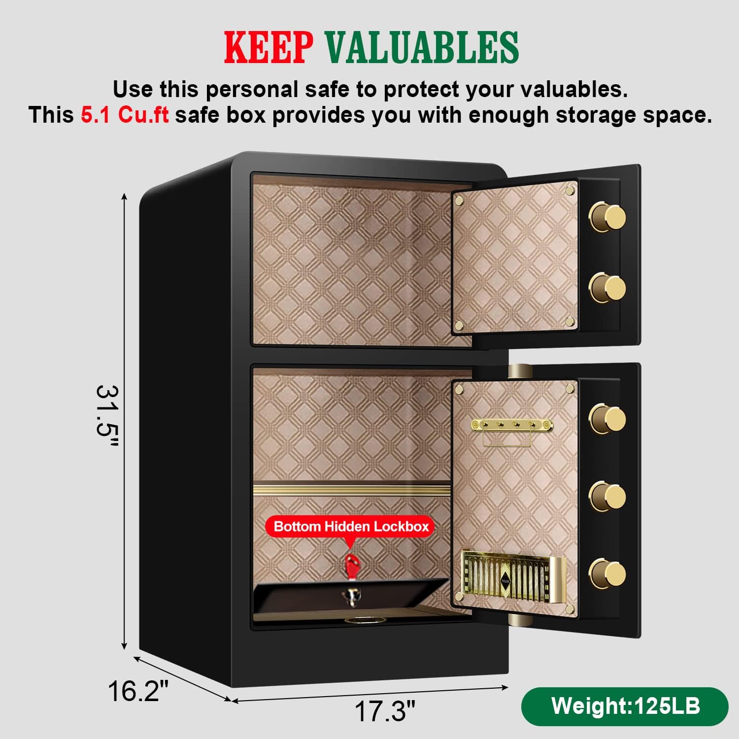 Caja de seguridad de 5.1 pies cúbicos a prueba de fuego, impermeable, caja de seguridad digital grande para oficina en casa con caja de seguridad