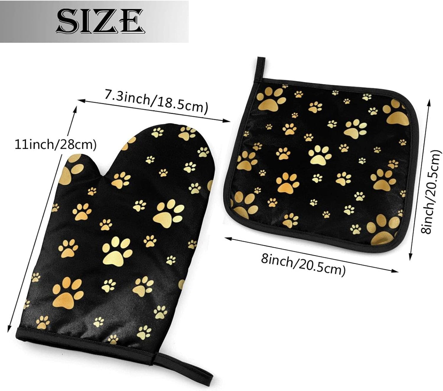 Juego de manoplas de horno y soportes para ollas de perro dorados, resistentes al calor, huellas doradas, guantes de cocina decorativos, guantes de
