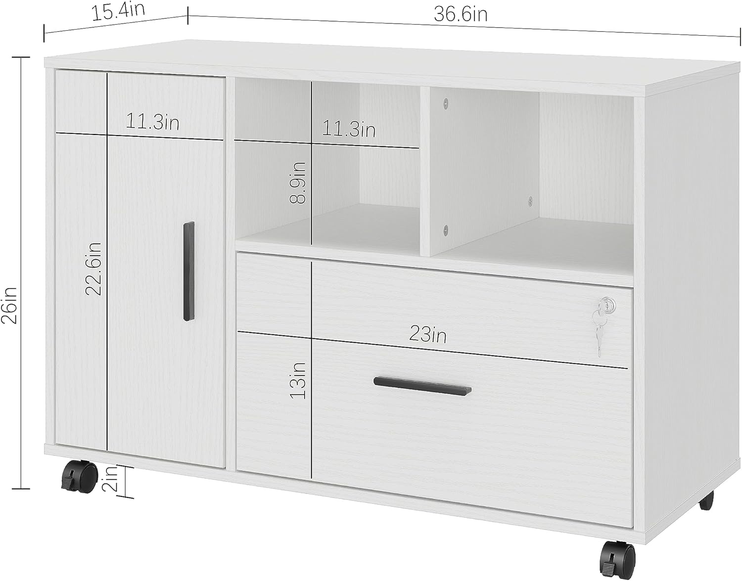 Archivador de madera con cerradura, archivador lateral de oficina de 1 cajón con ruedas, soporte de impresora móvil con estante de almacenamiento