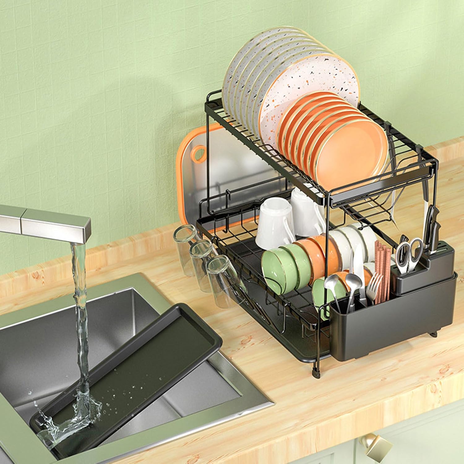 Dish Drying Rack and Drainboard Set, 2 Tier Large Dish Rack, Stainless Steel Dish Drainer for Kitchen Counter with Wine Glass Holder, Counter Plate