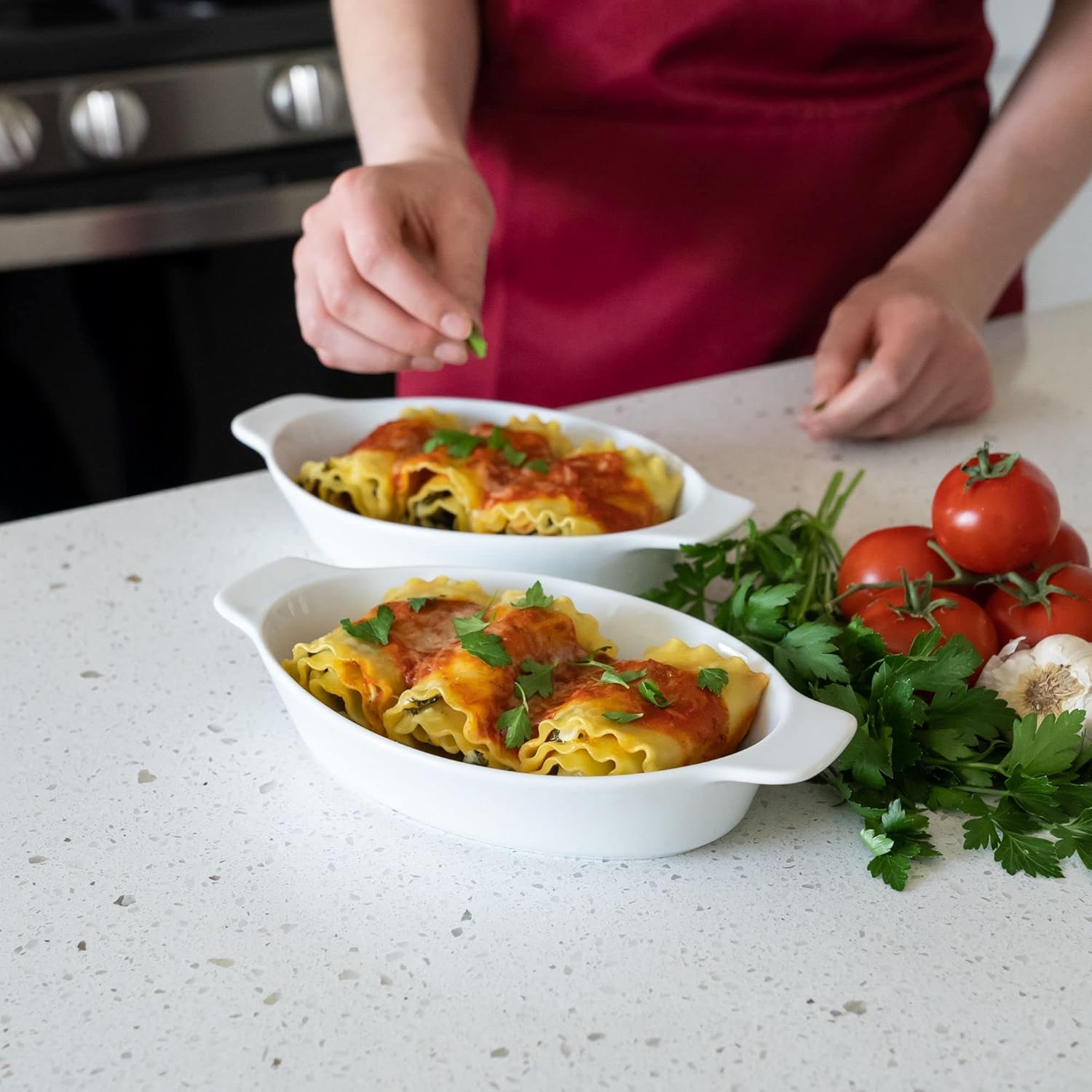 Heartland Home Plato de porcelana mini cacerola ovalada para gratinar (juego de 4 piezas). Plato para hornear coliflor, cuencos partidos de plátano,