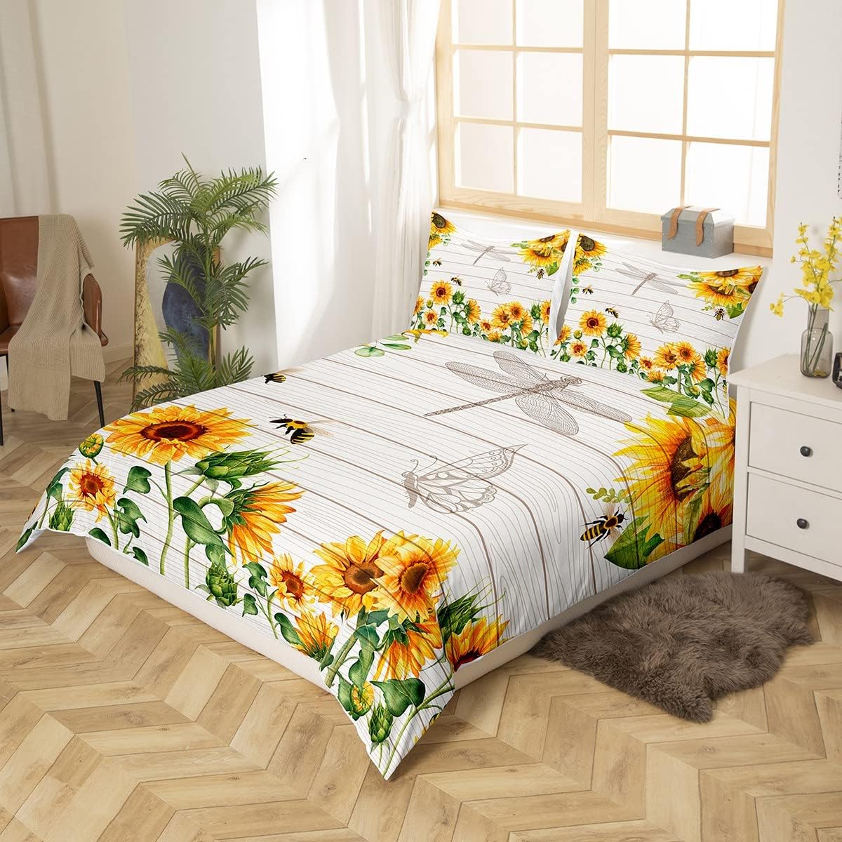 Juego de funda de edredón de girasol, flores amarillas y abejas, diseño de libélula y mariposa, para niños y niñas, ramas botánicas, temática de