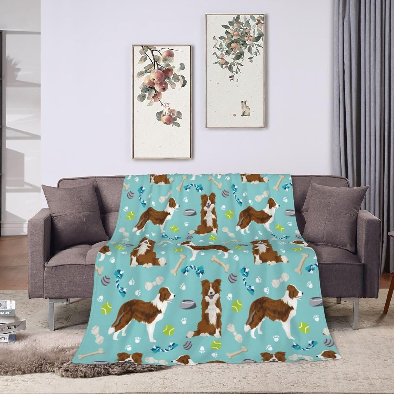 Xoeiran Manta de franela de felpa de vellón, lindo perro y juguetes de Border Collie y juguetes ligeros y reclinables, ropa de cama con aire