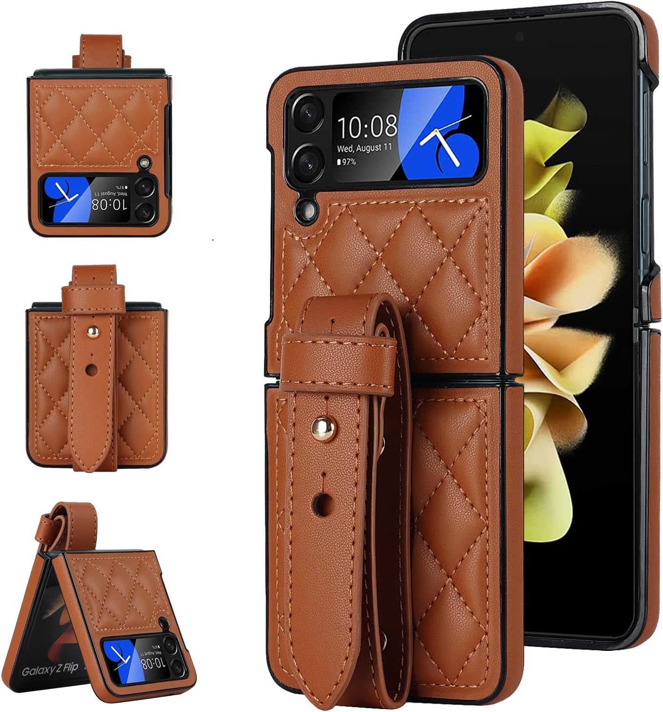 Asuwish Funda de teléfono para Samsung Galaxy Z Flip 4 5G 2022 con correa para la muñeca, delgada, delgada, a prueba de golpes, carcasa dura, de