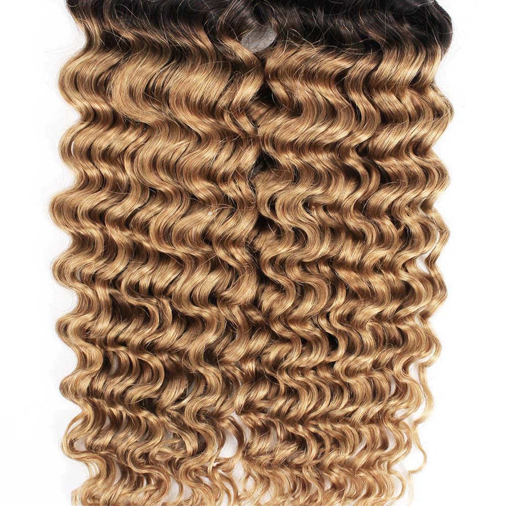 Paquetes de cabello humano rubio miel 1B27 ombré, paquetes de ondas profundas rubias, 24, 24, 24 pulgadas, negro a rubio miel, doble trama, sin