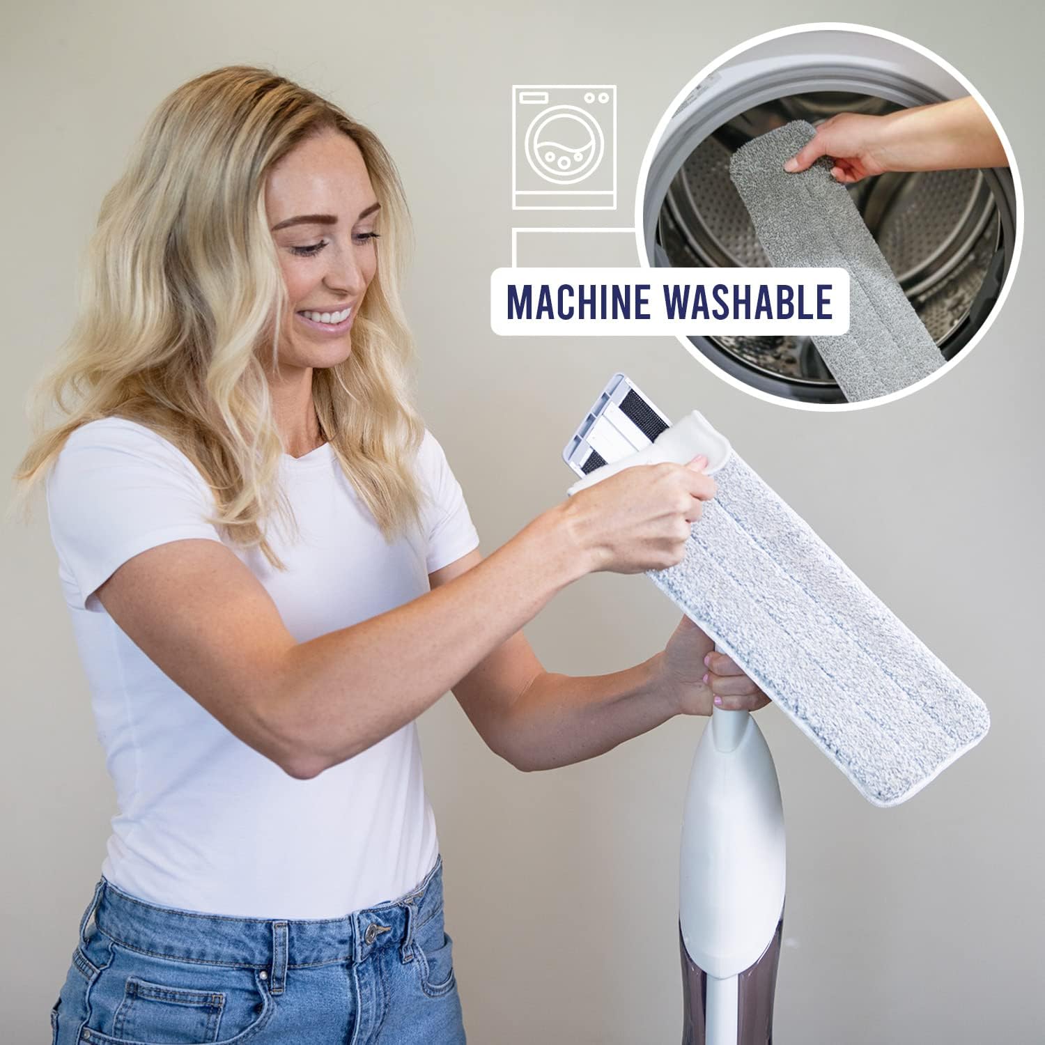 Don Aslett ‘s Spray Mop Plus+ para limpieza de suelos Cabezal giratorio de 360  Almohadilla de microfibra reutilizable  Raspador de goma  Botella