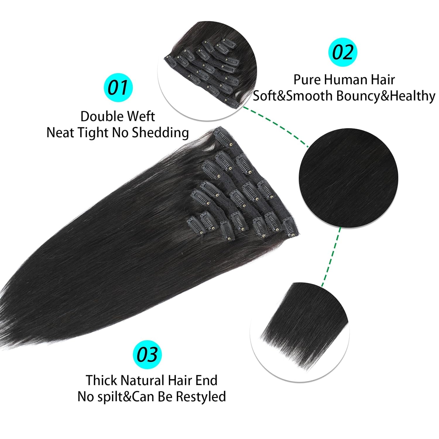 Extensiones de cabello humano lacio con clip, #1B, 3.53 oz, 7 unidades, extensiones de cabello humano real, color negro natural, para mujer (14