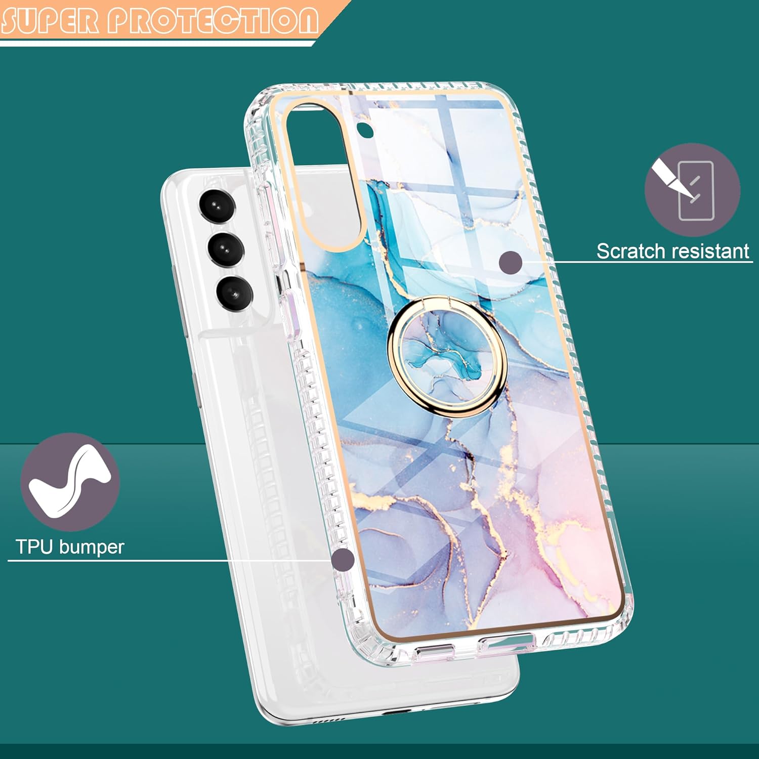 Asuwish Funda de teléfono para Samsung Galaxy S21 FE 5G con protector de pantalla y soporte para anillo de mármol, a prueba de golpes, silicona TPU,