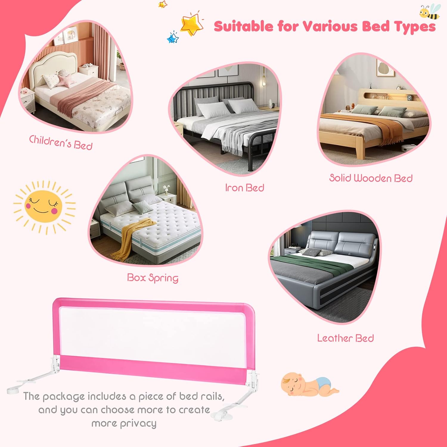 BABY JOY Rieles de cama para niños pequeños, 59 pulgadas, extra largo, protector de cama abatible con correas de seguridad, barandilla plegable para