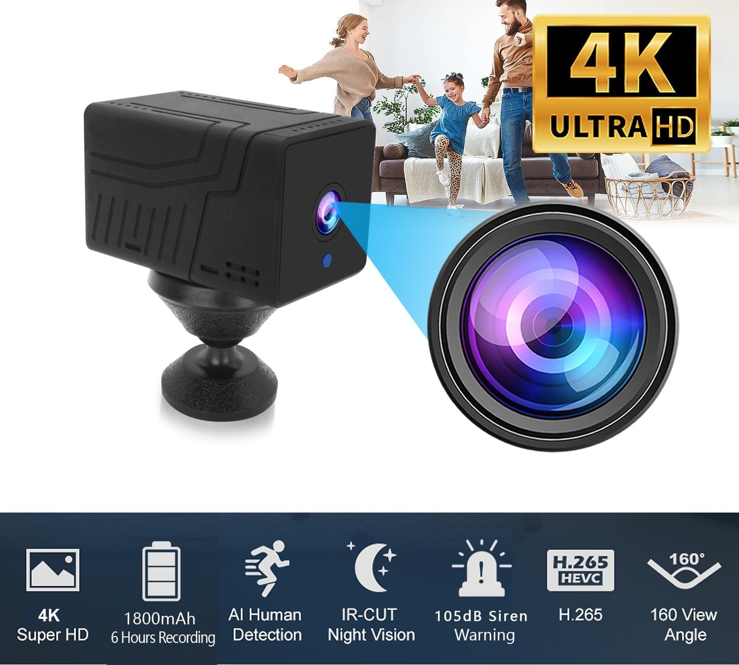 Cámara inalámbrica 4K Wifi, batería de 1800 mAh, 4K para interiores, WiFi, cámara de seguridad para el hogar, cámaras de vigilancia secretas de