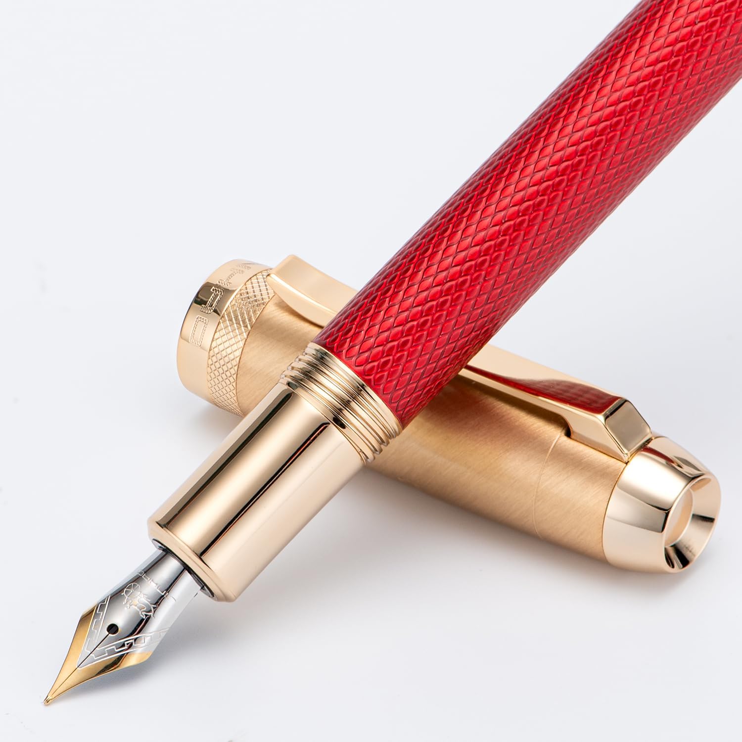 Jinhao 92 Pluma estilográfica roja de punta media, metal sólido con convertidor de escritura lisa pluma de caligrafía