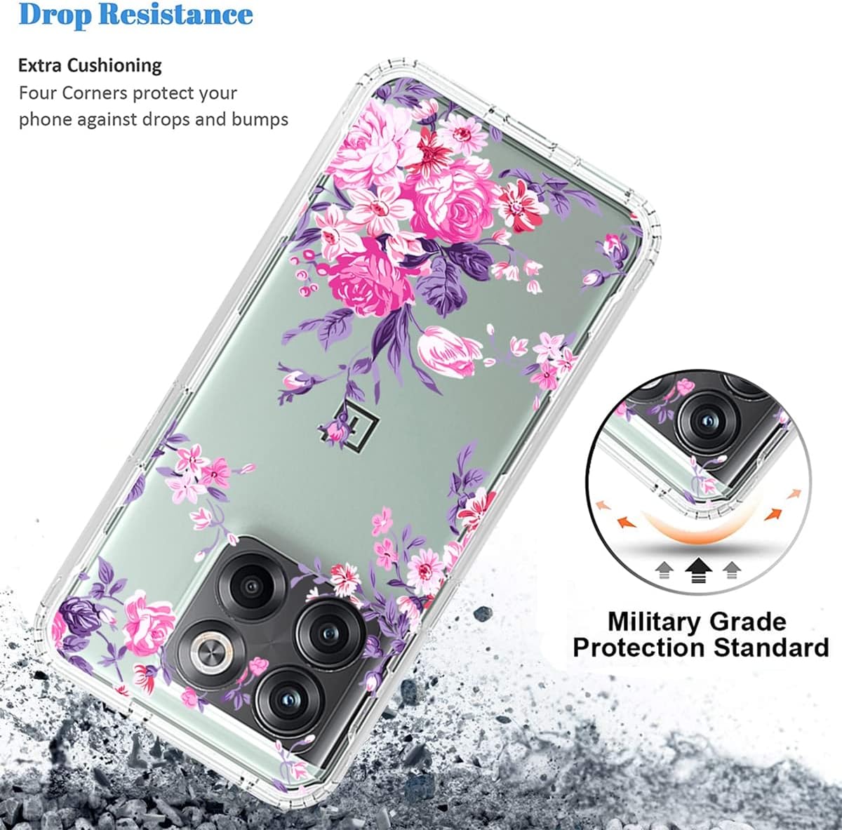 Funda para OnePlus 10T 5GOnePlus Ace Pro, CPH2415 con protector de pantalla de vidrio templado, funda protectora de TPU transparente floral a prueba