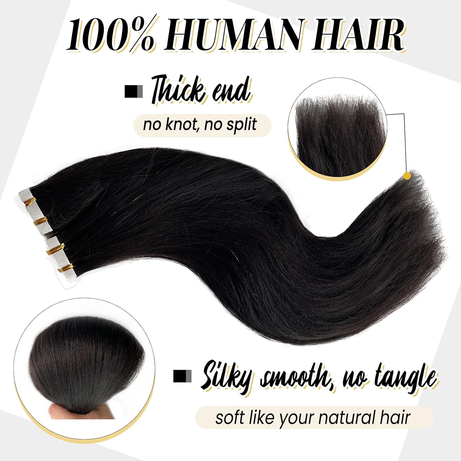 Yaki – Extensiones de cabello humano con cinta adhesiva para mujeres negras, 3.53 onzas, 40 unidades, color negro natural, extensiones de cabello