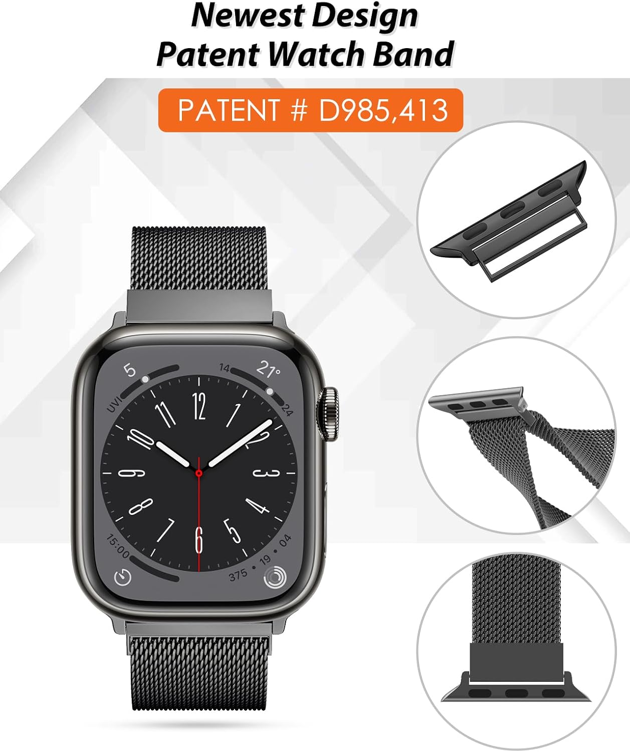 Correa milanesa original patentada compatible con Apple Watch Series 9, 8, 7, 6, 5, 4, 3, Ultra 2, 1, SE, de 1.929 in, 1.772 in, 1.732 in, 1.654 in,