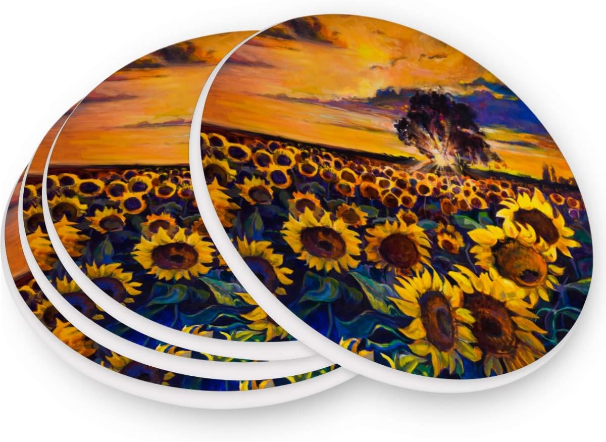 visesunny Modern Art – Posavasos con estampado de girasol, posavasos de piedra que absorben la humedad con base de corcho para protección de mesa,