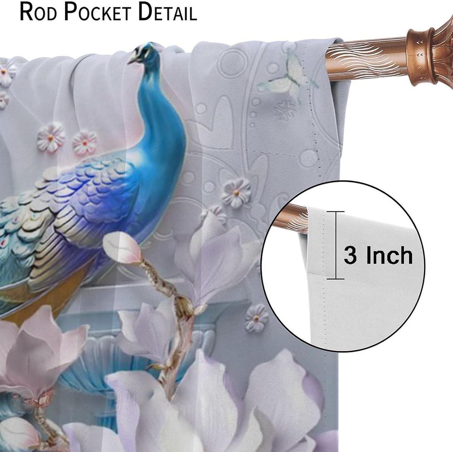 Cortinas de pavo real, flores blancas, hermosas y elegantes, estilo de pintura al óleo de pavo real azul, tela de poliéster, tratamientos de ventana