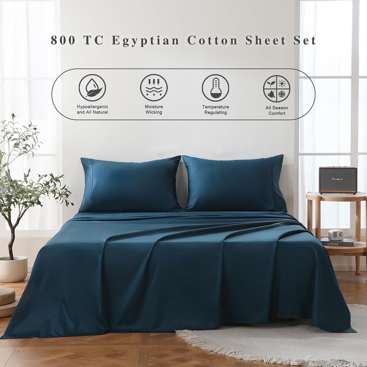 Bedlifes Sábanas refrescantes de 800 hilos 100% algodón egipcio, sábanas refrescantes suaves y transpirables de tejido satinado, sábanas de hotel de