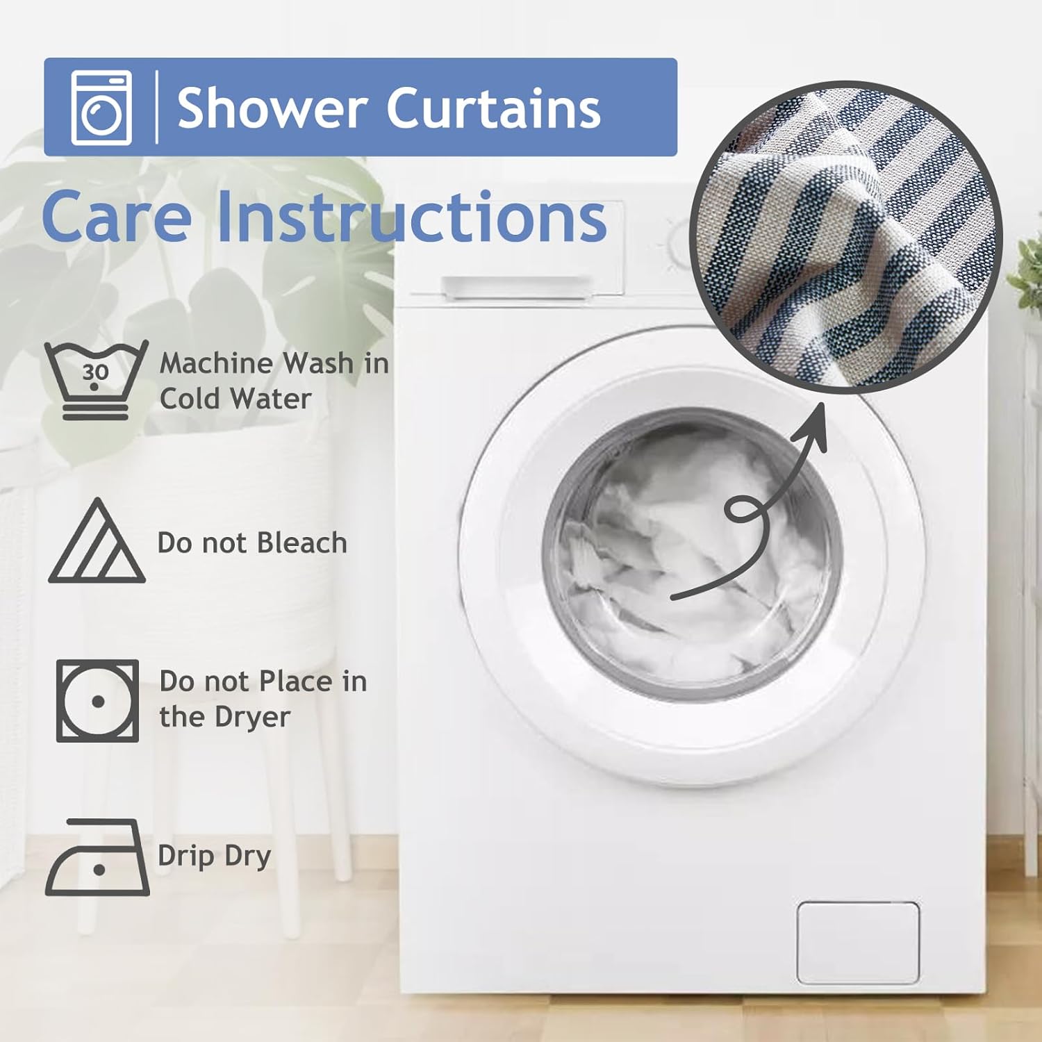 Juego de cortinas de ducha de baño, cortinas de ducha a rayas azules y grises para baño, impermeable, lavable a máquina, tamaño de 72 x 72 pulgadas,