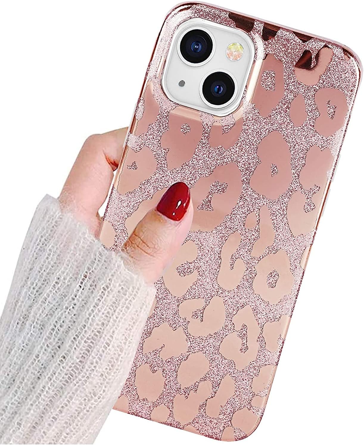 J.west Funda compatible con iPhone 15 de 6.1 pulgadas, diseño de estampado de leopardo con purpurina metálica de lujo, delgada, de silicona suave,