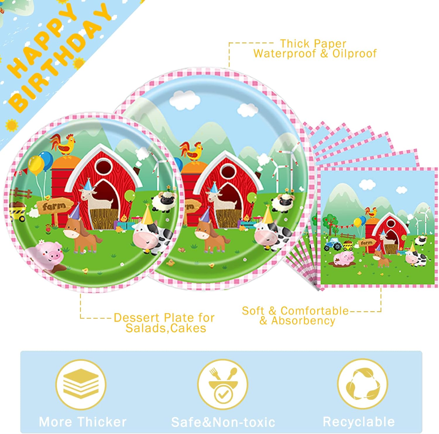 Suministros para fiesta de cumpleaños de granja, juego de vajilla con temática de animales, 25 platos de papel de 9 y 7 pulgadas, 25 servilletas de