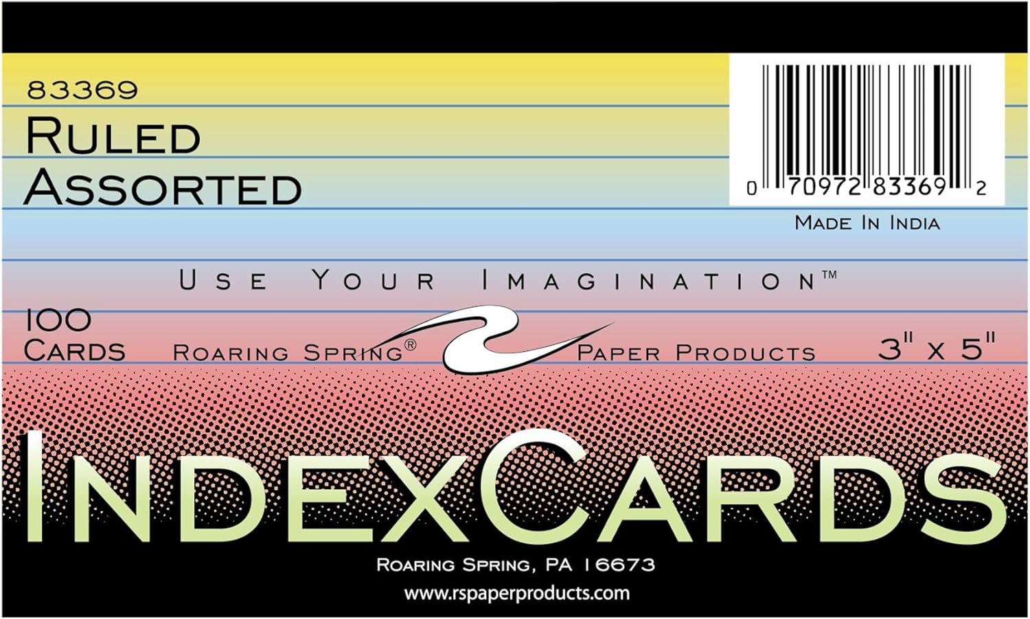 Roaring Spring Fichas coloreadas de 3 x 5 pulgadas, 100 unidades, papel de índice liso 100#, rayado en la parte delantera, blanco en la parte