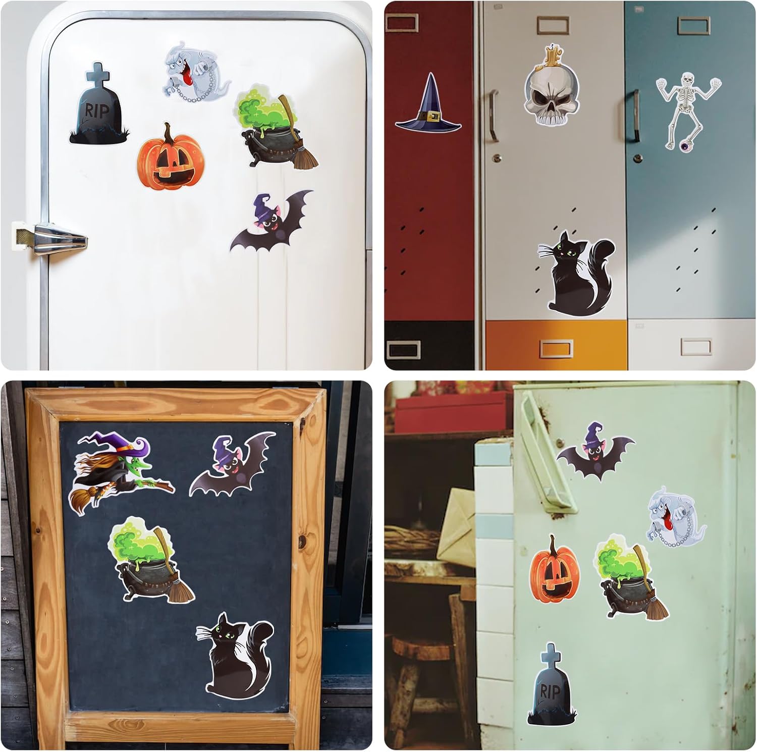 12 calcomanías magnéticas de Halloween, decoraciones magnéticas grandes de Halloween, sombrero de bruja, telaraña, fantasma, lápida, calabaza,