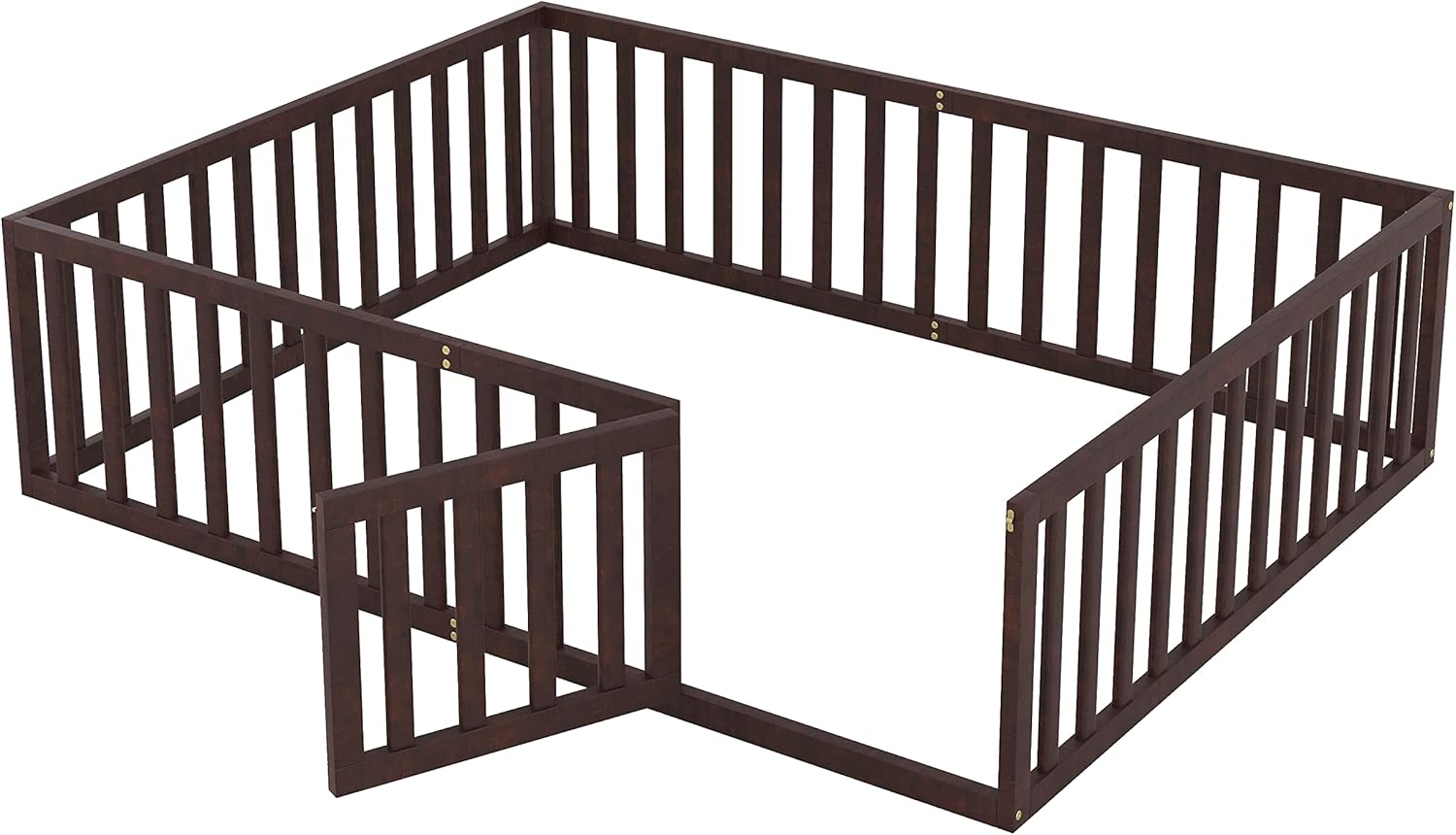 Cama de suelo tamaño Queen para niños, cama Montessori con barandillas en forma de valla y puerta, cama de piso de madera, cama tamaño Queen para