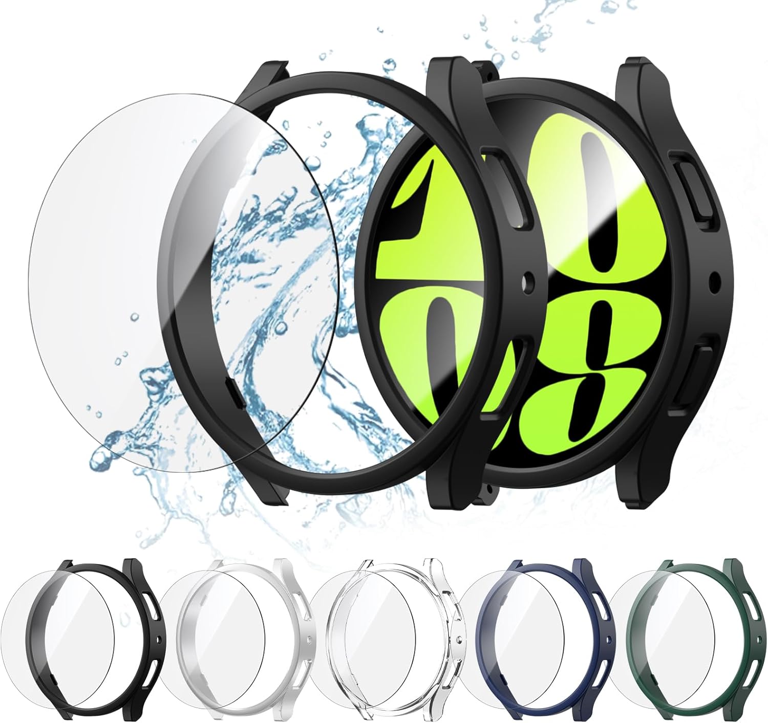 Paquete de 5+5 fundas protectoras de pantalla para Galaxy Watch 6 de 1.575 pulgadas, cubierta protectora de policarbonato duro con vidrio templado